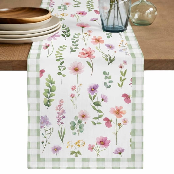 Table Runner 108 Inches Long for Kitchen Dining, Spring Floral Dresser Scarf Farmhouse, Dining Table Decorations for Wedding/Parties, Pink Flowers Sage Green Plaid Pastoral 13 x 108 In