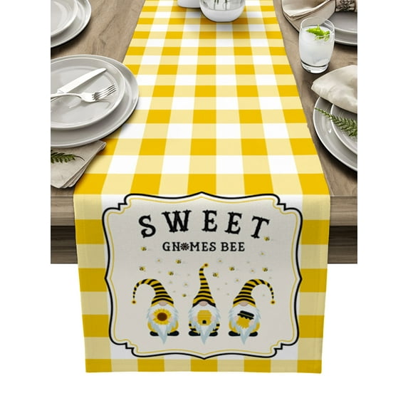 Table Runner 108 Inches Long for Kitchen Dining, Summer Gnomes Dresser Scarf Farmhouse, Dining Table Decorations for Wedding/Parties, Yellow Plaid Sweet Bee Spring Floral 13 x 108 In