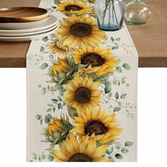 Table Runner 108 Inches Long for Kitchen Dining, Sunflower Dresser Scarf Farmhouse, Dining Table Decorations for Wedding/Parties, Yellow Floral Pastoral Botanical Leaves Rustic 13 x 108 In