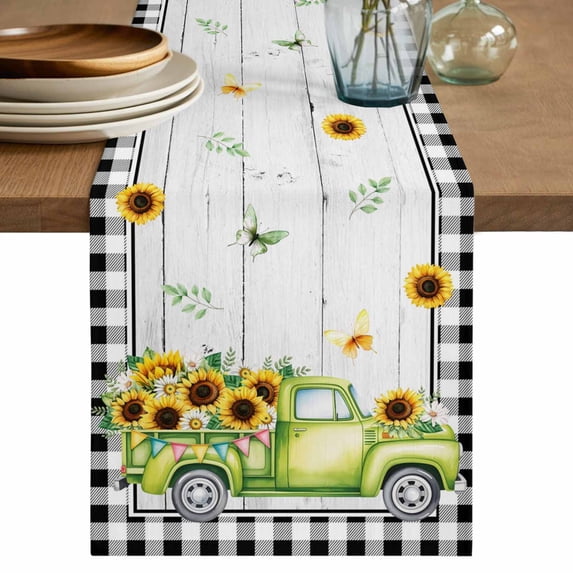 Table Runner 108 Inches Long for Kitchen Dining, Sunflowers Dresser Scarf Farmhouse, Dining Table Decorations for Wedding/Parties, Spring Farmhouse Country Truck Leaf Wood Grain 13 x 108 In
