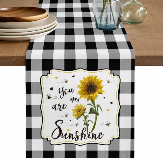 Table Runner 108 Inches Long for Kitchen Dining, Sunflowers Dresser Scarf Farmhouse, Dining Table Decorations for Wedding/Parties, Yellow Floral Botanical Black White Plaid Farmhouse 13 x 108 In