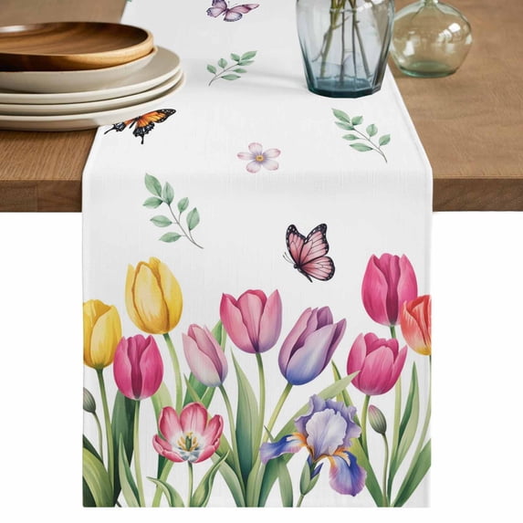 Table Runner 108 Inches Long for Kitchen Dining, Tulips Spring Floral Dresser Scarf Farmhouse, Dining Table Decorations for Wedding/Parties, Pastoral Flowers Butterfly Farmhouse 13 x 108 In