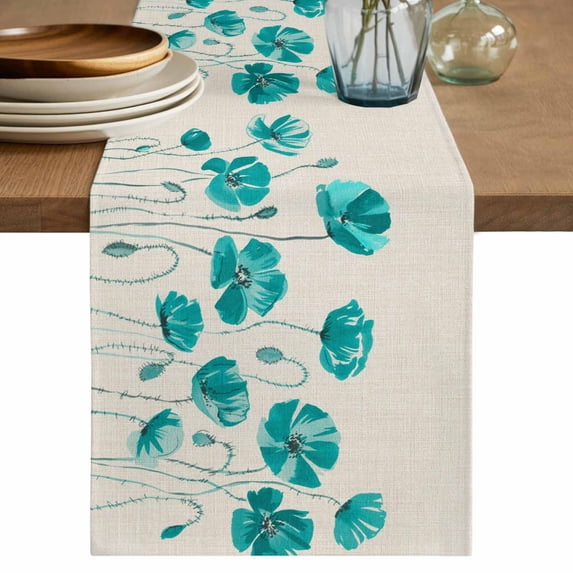 Table Runner 108 Inches Long for Kitchen Dining, Turquoise Flowers Dresser Scarf Farmhouse, Dining Table Decorations for Wedding/Parties, Spring Retro Watercolor Botanical Floral 13 x 108 In