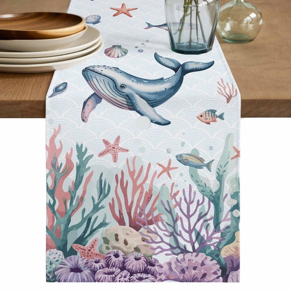 Table Runner 108 Inches Long for Kitchen Dining, Whale Coastal Dresser Scarf Farmhouse, Dining Table Decorations for Wedding/Parties, Summer Beach Ocean Shell Jellyfish Starfish 13 x 108 In