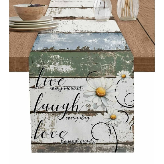 Table Runner 108 Inches Long for Kitchen Dining, White Green Blue Dresser Scarf Farmhouse, Dining Table Decorations for Wedding/Parties, Vintage Wooden Rustic White Daisy Floral 13 x 108 In