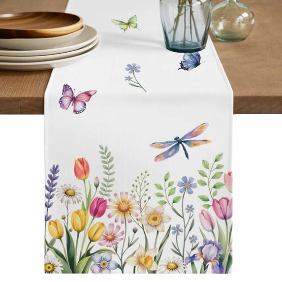 Table Runner 108 Inches Long for Kitchen Dining, Wildflowers Dresser Scarf Farmhouse, Dining Table Decorations for Wedding/Parties, Spring Country Tulip Butterfly Floral Leaf 13 x 108 In