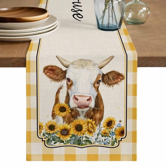 Table Runner 108 Inches Long for Kitchen Dining, Yak Sunflowers Dresser Scarf Farmhouse, Dining Table Decorations for Wedding/Parties, Yellow Floral Checkered Elegant Pastoral Rustic 13 x 108 In