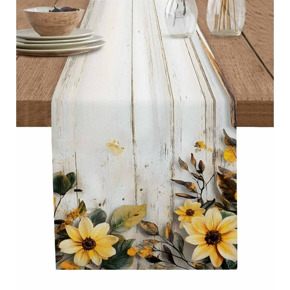 Table Runner 108 Inches Long for Kitchen Dining, Yellow Floral Spring Dresser Scarf Farmhouse, Dining Table Decorations for Wedding/Parties, Summer Rustic Botanical Vintage Wood 13 x 108 In