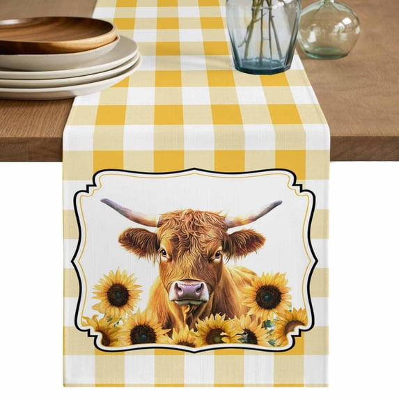 Table Runner 108 Inches Long for Kitchen Dining, Yellow Yak Dresser Scarf Farmhouse, Dining Table Decorations for Wedding/Parties, Sunflowers Checkered Elegant Pastoral Buffalo 13 x 108 In