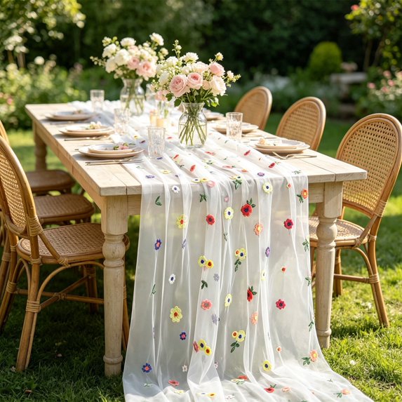 Table Runner 118 Inch Sheer Organza with Colorful Floral Embroidery for Wedding Party Dining Table