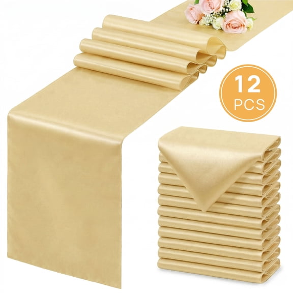 TickJOY 12 Pcs Satin Table Runner 12x108 Inches Long, Satin Silk-Like Smooth Table Decorations for Birthday Parties, Buffet, Banquets, Graduations, Engagements (Champagne, 12'' x 108'')