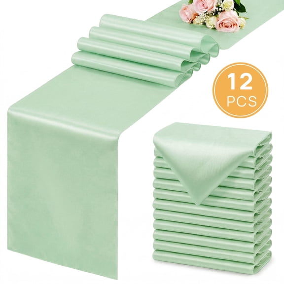 TickJOY 12 Pcs Satin Table Runner 12x108 Inches Long, Satin Silk-Like Smooth Table Decorations for Birthday Parties, Buffet, Banquets, Graduations, Engagements (Light Green, 12'' x 108'')