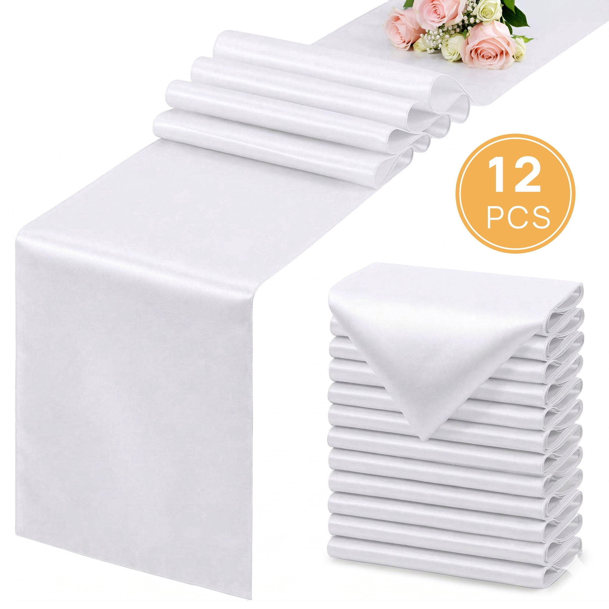 TickJOY 12 Pcs Satin Table Runner 12x108 Inches Long, Satin Silk-Like Smooth Table Decorations for Birthday Parties, Buffet, Banquets, Graduations, Engagements (White, 12'' x 108'')
