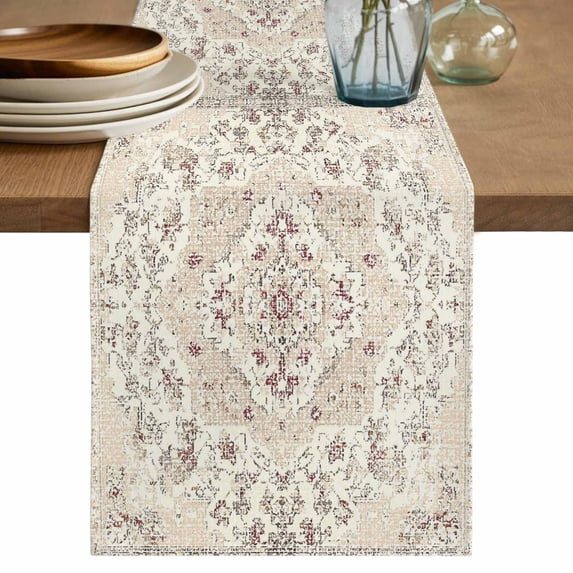 Table Runner - 120 Inch Long, Beige Boho Kitchen Dining Table Runner Dresser Scarves, Middle Century Ethnic Vintage Abstract Farmhouse Decor for Coffee Tables Wedding Party Banquet