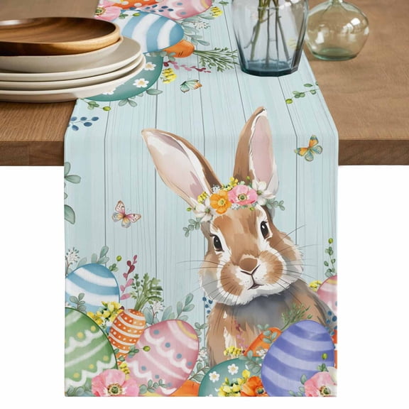 Table Runner - 120 Inch Long, Easter Bunny Kitchen Dining Table Runner Dresser Scarves, Colorful Easter Eggs Eucalyptus Teal Wooden Farmhouse Decor for Coffee Tables Wedding Party Banquet