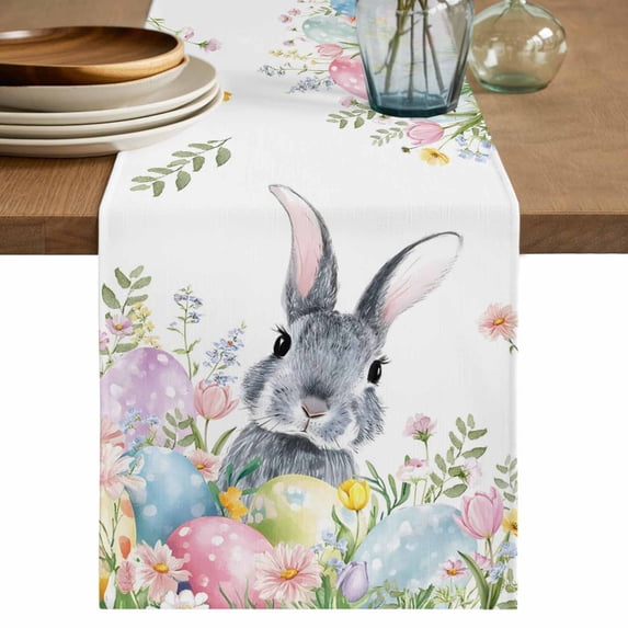 Table Runner - 120 Inch Long, Easter Kitchen Dining Table Runner Dresser Scarves, Spring Rustic Botanical Floral Rabbit Eggs Leaves Farmhouse Decor for Coffee Tables Wedding Party Banquet