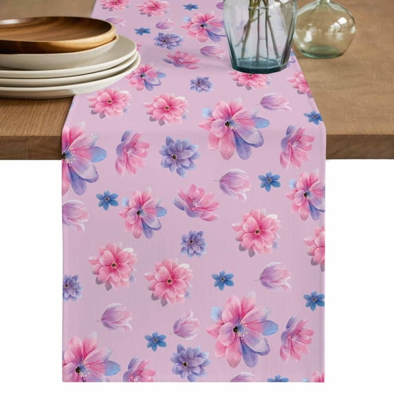 Table Runner - 120 Inch Long, Spring Floral Kitchen Dining Table Runner Dresser Scarves, Summer Botanical Purple Pink Flower Farmhouse Decor for Coffee Tables Wedding Party Banquet