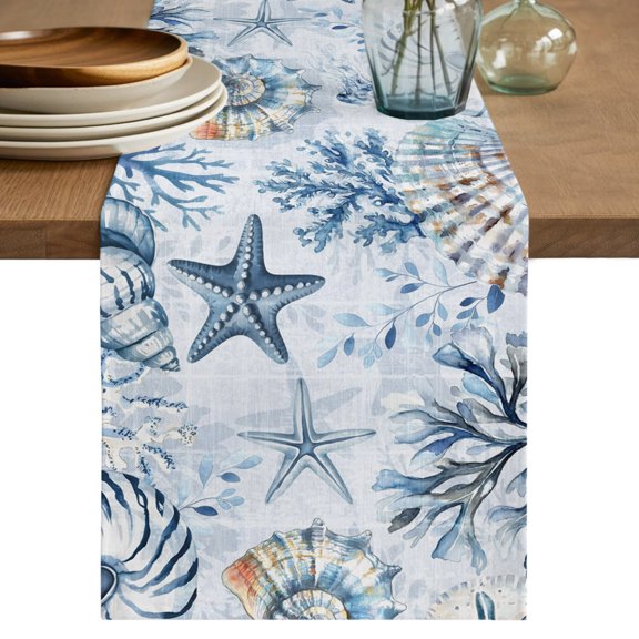 Table Runner 120 Inches Long, Blue Starfish Coastal Decorative Table Runner for Party Wedding Home Decor, Seaside Summer Ocean Shell Conch Dresser Scarves for Kitchen Tables Decor 13x120 Inch