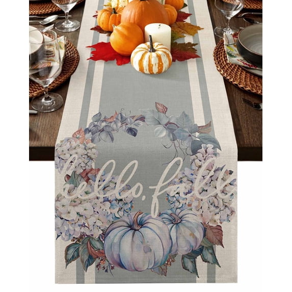 Table Runner 120 Inches Long, Fall Thanksgiving Pumpkin Leaves Wreath Grey Striped Linen Cotton Linen Table Runners Non-Slip Durable Dresser Scarves for Table Party Dinner Holiday Home Decor, 1 Pack