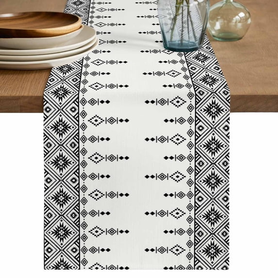 Table Runner 120 Inches Long for Kitchen Dining, Black White Boho Dresser Scarf Farmhouse, Dining Table Decorations for Wedding/Parties, Vintage Ethnic Tribe Abstract Art Retro 13 x 120 In