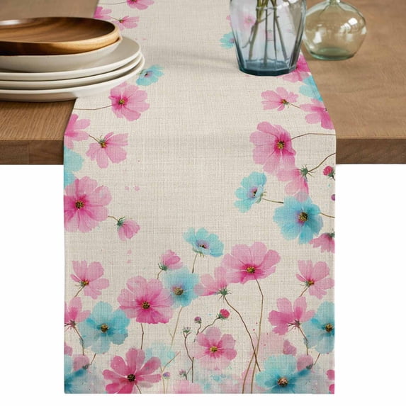 Table Runner 120 Inches Long for Kitchen Dining, Blue Pink Flowers Dresser Scarf Farmhouse, Dining Table Decorations for Wedding/Parties, Spring Garden Floral Rustic Burlap 13 x 120 In