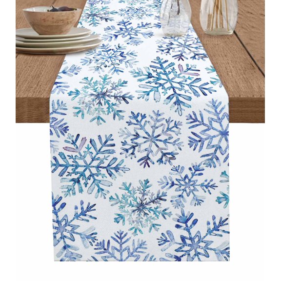 Table Runner 120 Inches Long for Kitchen Dining, Blue Snowflake Christmas Dresser Scarf Farmhouse, Dining Table Decorations for Wedding/Parties, Xmas Winter Snowflake 13 x 120 In