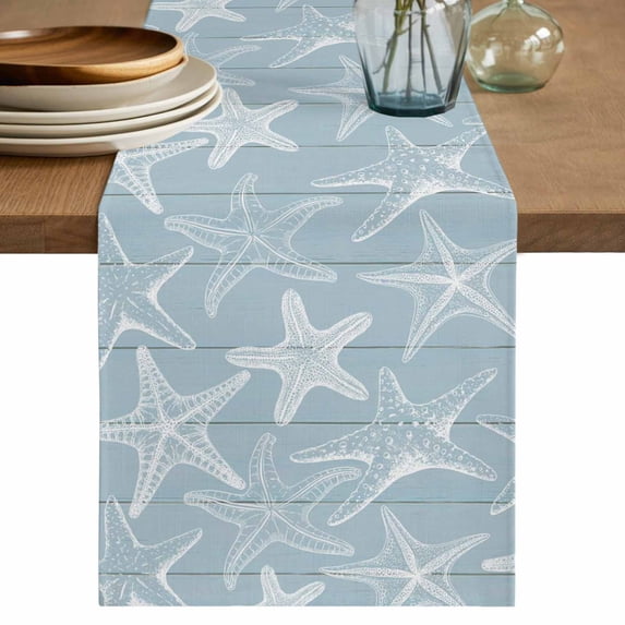 Table Runner 120 Inches Long for Kitchen Dining, Blue White Starfish Dresser Scarf Farmhouse, Dining Table Decorations for Wedding/Parties, Coastal Ocean Summer Sea Nautical 13 x 120 In