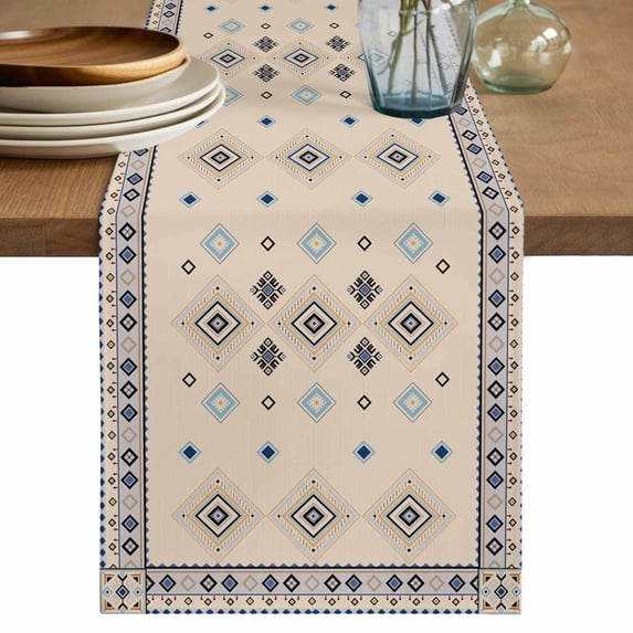 Table Runner 120 Inches Long for Kitchen Dining, Boho Geometric Dresser Scarf Farmhouse, Dining Table Decorations for Wedding/Parties, Retro Rustic Chic Ethnic Abstract Patterned 13 x 120 In