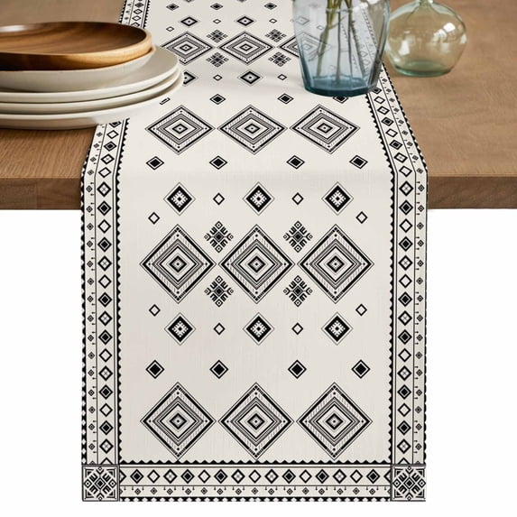 Table Runner 120 Inches Long for Kitchen Dining, Boho Geometric Dresser Scarf Farmhouse, Dining Table Decorations for Wedding/Parties, Simple Farmhouse Nation Abstract Motifs 13 x 120 In