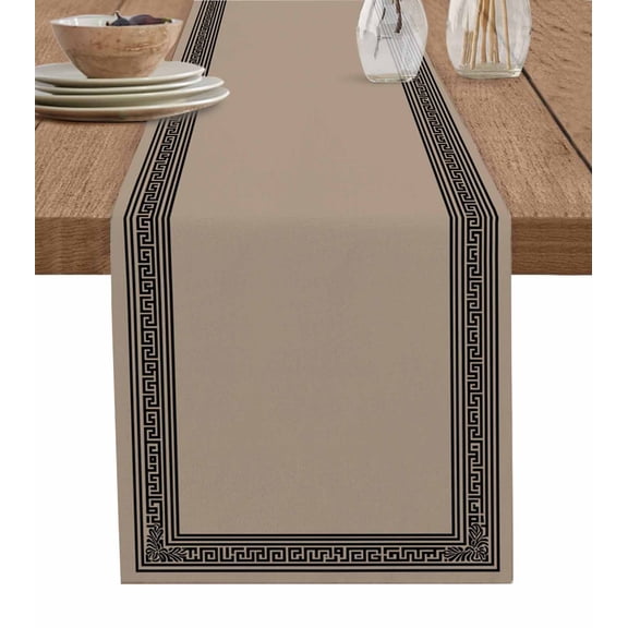 Table Runner 120 Inches Long for Kitchen Dining, Brown Geometric Dresser Scarf Farmhouse, Dining Table Decorations for Wedding/Parties, Black Greek Key Design Abstract Modern Art 13 x 120 In