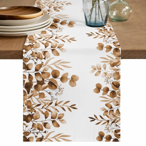 Table Runner 120 Inches Long for Kitchen Dining, Brown Yellow Eucalyptus Leaves Dresser Scarf Farmhouse, Dining Table Decorations for Wedding/Parties, Watercolor Spring Summer Botanical 13 x 120 In