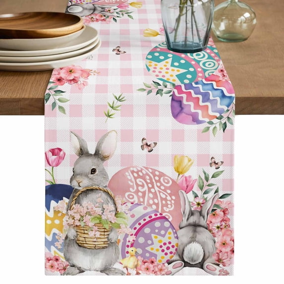 Table Runner 120 Inches Long for Kitchen Dining, Bunny Easter Dresser Scarf Farmhouse, Dining Table Decorations for Wedding/Parties, Pink Eggs Plaid Spring Floral Farmhouse 13 x 120 In
