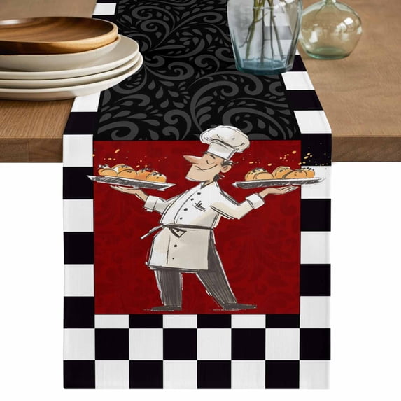 Table Runner 120 Inches Long for Kitchen Dining, Chef Dresser Scarf Farmhouse, Dining Table Decorations for Wedding/Parties, Cartoon Cute Watercolor Cooking Red Black 13 x 120 In