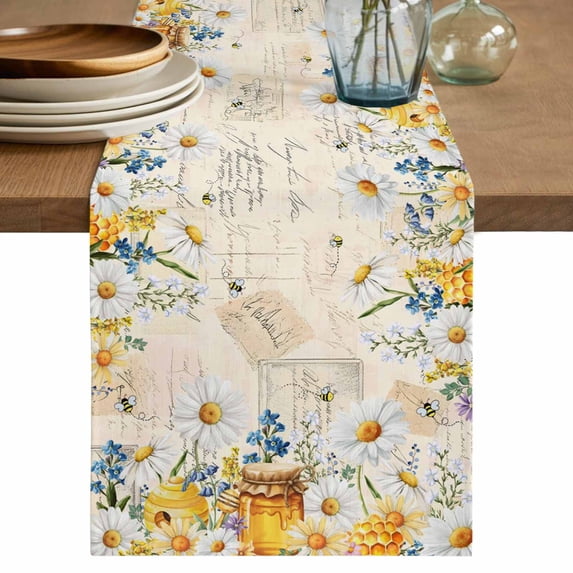Table Runner 120 Inches Long for Kitchen Dining, Daisy Spring Floral Dresser Scarf Farmhouse, Dining Table Decorations for Wedding/Parties, Farmhouse Botanical Green Leaves Vintage Art 13 x 120 In