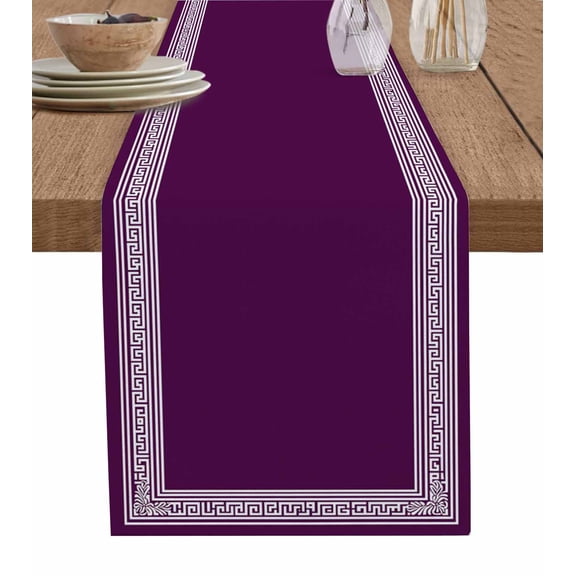Table Runner 120 Inches Long for Kitchen Dining, Dark Purple Geometric Dresser Scarf Farmhouse, Dining Table Decorations for Wedding/Parties, White Greek Key Design Abstract Modern Art 13 x 120 In