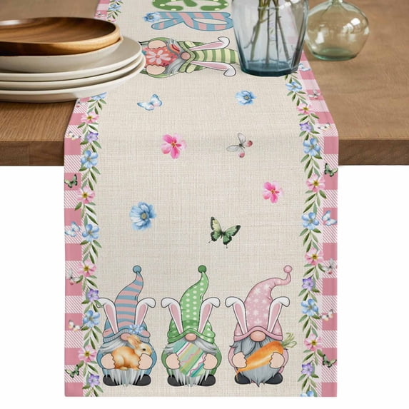 Table Runner 120 Inches Long for Kitchen Dining, Easter Dresser Scarf Farmhouse, Dining Table Decorations for Wedding/Parties, Country Gnomes Rabbit Colorful Eggs Flowers Treill 13 x 120 In