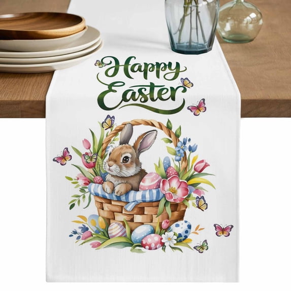 Table Runner 120 Inches Long for Kitchen Dining, Easter Rabbits Dresser Scarf Farmhouse, Dining Table Decorations for Wedding/Parties, Watercolor Flowers Eggs Cute Bunny Butterflies 13 x 120 In
