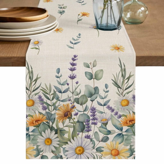 Table Runner 120 Inches Long for Kitchen Dining, Floral Eucalyptus Leaves Dresser Scarf Farmhouse, Dining Table Decorations for Wedding/Parties, Daisy Summer Botanical Rustic 13 x 120 In