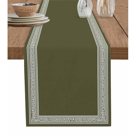 Table Runner 120 Inches Long for Kitchen Dining, Forest Green Geometric Dresser Scarf Farmhouse, Dining Table Decorations for Wedding/Parties, White Greek Key Design Abstract Modern Art 13 x 120 In