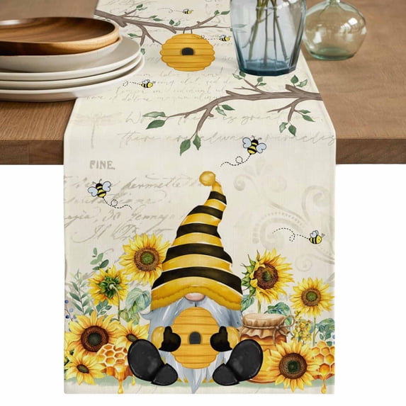 Table Runner 120 Inches Long for Kitchen Dining, Gnomes Sunflower Dresser Scarf Farmhouse, Dining Table Decorations for Wedding/Parties, Bees Branches Floral Elegant Pastoral 13 x 120 In