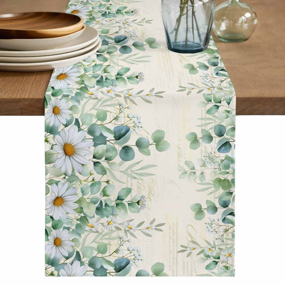 Table Runner 120 Inches Long for Kitchen Dining, Green Eucalyptus Leaves Dresser Scarf Farmhouse, Dining Table Decorations for Wedding/Parties, Daisy Summer Botanical Farmhouse 13 x 120 In
