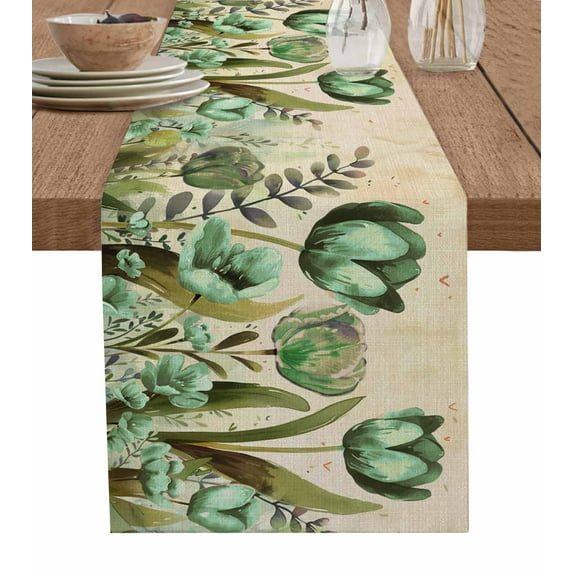 Table Runner 120 Inches Long for Kitchen Dining, Green Spring Floral Dresser Scarf Farmhouse, Dining Table Decorations for Wedding/Parties, Summer Botanical Tulip Vintage 13 x 120 In