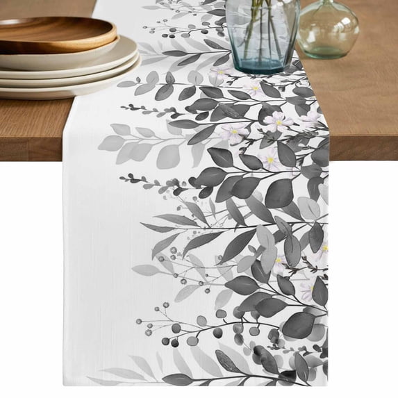 Table Runner 120 Inches Long for Kitchen Dining, Grey Leaves Dresser Scarf Farmhouse, Dining Table Decorations for Wedding/Parties, Summer Botanical 13 x 120 In