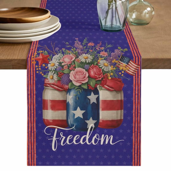 Table Runner 120 Inches Long for Kitchen Dining, Independence Day Dresser Scarf Farmhouse, Dining Table Decorations for Wedding/Parties, US Flag Spring Flowers Vintage Blue Stars 13 x 120 In