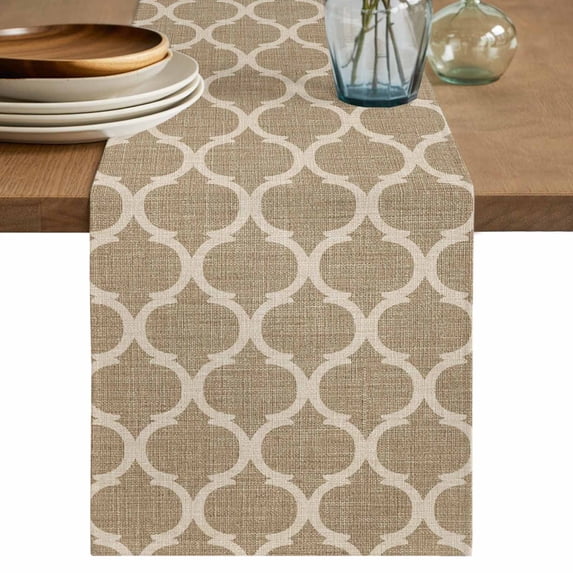 Table Runner 120 Inches Long for Kitchen Dining, Khaki Moroccan Dresser Scarf Farmhouse, Dining Table Decorations for Wedding/Parties, Boho Retro Country Abstract Geometric Grid 13 x 120 In