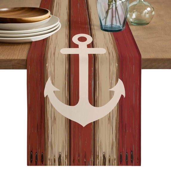 Table Runner 120 Inches Long for Kitchen Dining, Nautical Anchor Dresser Scarf Farmhouse, Dining Table Decorations for Wedding/Parties, Red Beige Rretro Wooden Board Textures 13 x 120 In