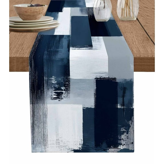 Table Runner 120 Inches Long for Kitchen Dining, Navy Blue White Dresser Scarf Farmhouse, Dining Table Decorations for Wedding/Parties, Modern Abstract Art Oil Painting Geometric 13 x 120 In