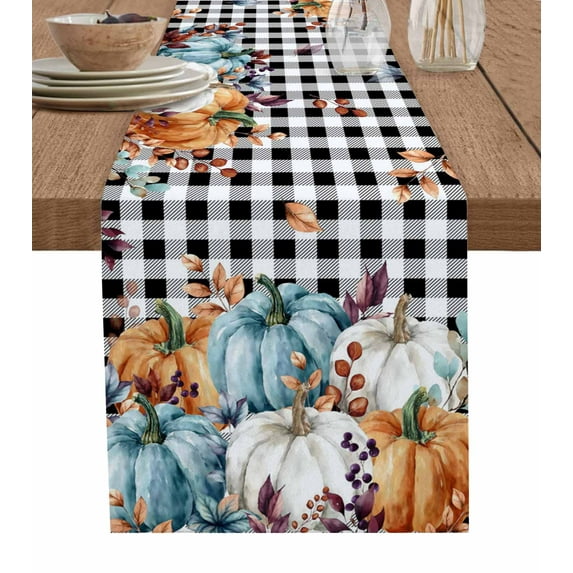Table Runner 120 Inches Long for Kitchen Dining, Orange Blue Pumpkins Fall Dresser Scarf Farmhouse, Dining Table Decorations for Wedding/Parties, Thanksgiving Eucalyptus Black Check 13 x 120 In