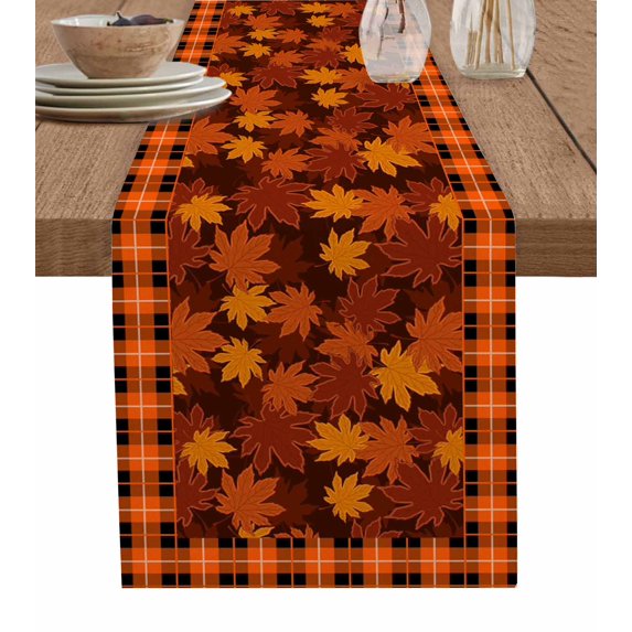 Table Runner 120 Inches Long for Kitchen Dining, Orange Maple Leaves Fall Dresser Scarf Farmhouse, Dining Table Decorations for Wedding/Parties, Thanksgiving Orange Buffalo Plaid 13 x 120 In