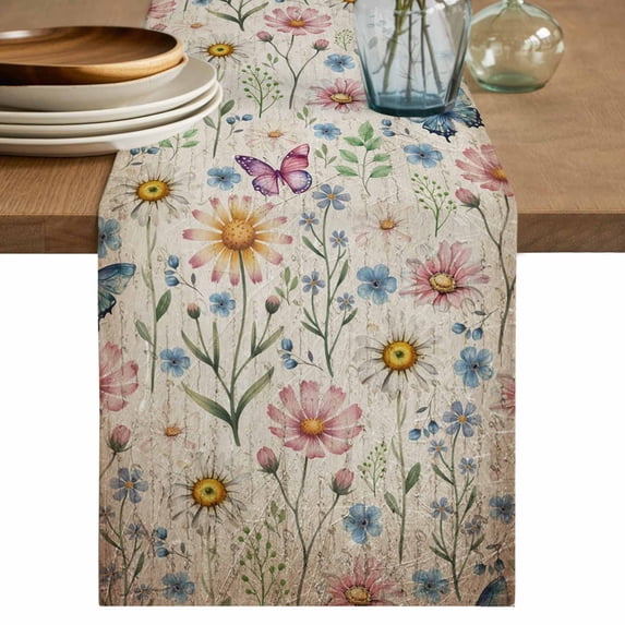 Table Runner 120 Inches Long for Kitchen Dining, Pink Spring Floral Dresser Scarf Farmhouse, Dining Table Decorations for Wedding/Parties, Elegant Pastoral Flowers Butterflies Vintage 13 x 120 In